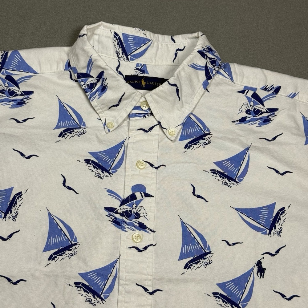 Ralph Lauren White Button-Down Shirt with Blue Sailboat Print